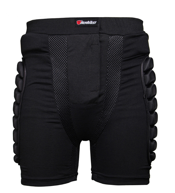 Schwarze Unisex Protektorenhose für Sportler, bietet Unfallschutz beim Radfahren, Skaten & Snowboarden.