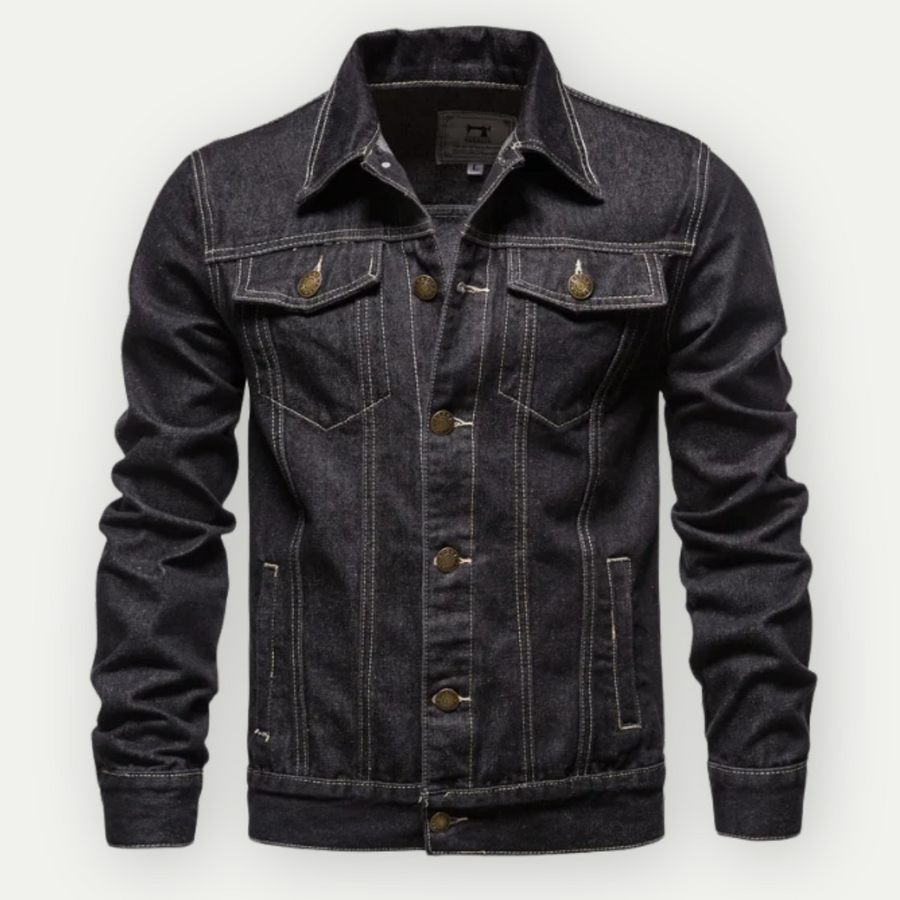 Schwarze Unisex Denim Trucker Jacke im zeitlosen Stil. Robuste Übergangsjacke für Casual Mode, Herren & Damen.