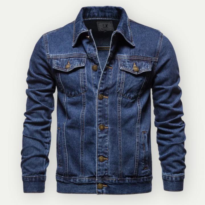 Blaue Unisex Trucker Jacke aus Denim. Perfekte Freizeitjacke für Frühling & Herbst. Vielseitig kombinierbar.