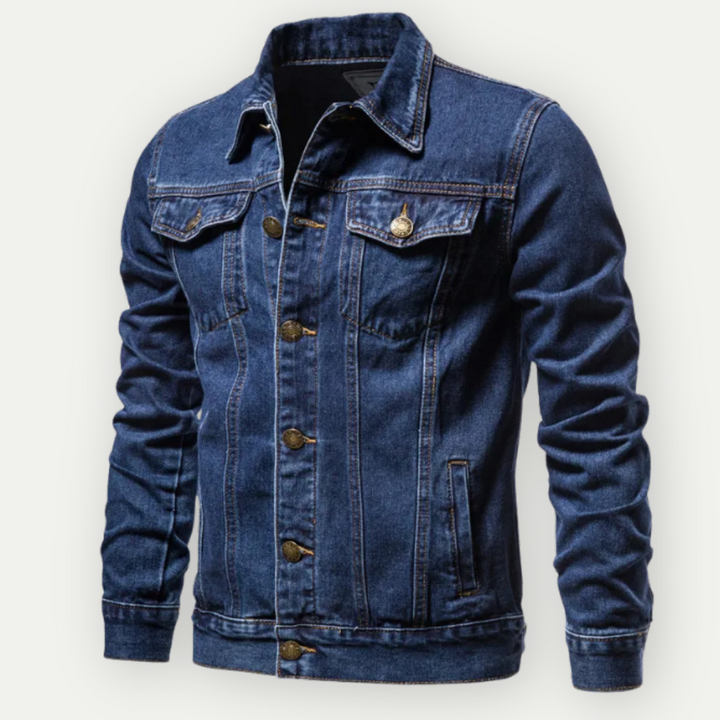 Klassische Unisex Trucker Jacke in Dunkelblau aus strapazierfähigem Denim. Stilvolle Übergangsjacke für Freizeit.