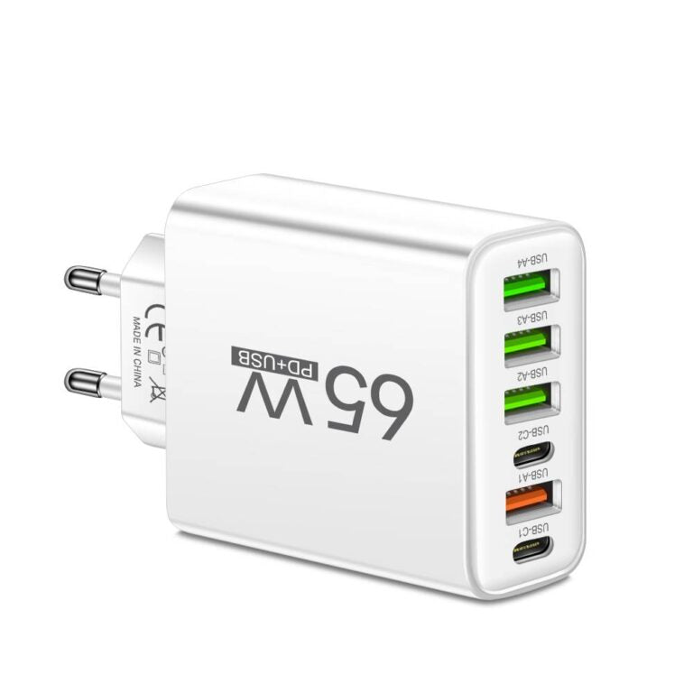 Universal 65W 6-in-1 Schnellladegerät mit USB-C für 6 Geräte; leistungsstarke Multi-Ladestation für Elektronik-Zubehör.