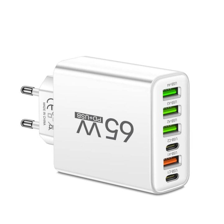 Universal 65W 6-in-1 Schnellladegerät mit USB-C für 6 Geräte; leistungsstarke Multi-Ladestation für Elektronik-Zubehör.