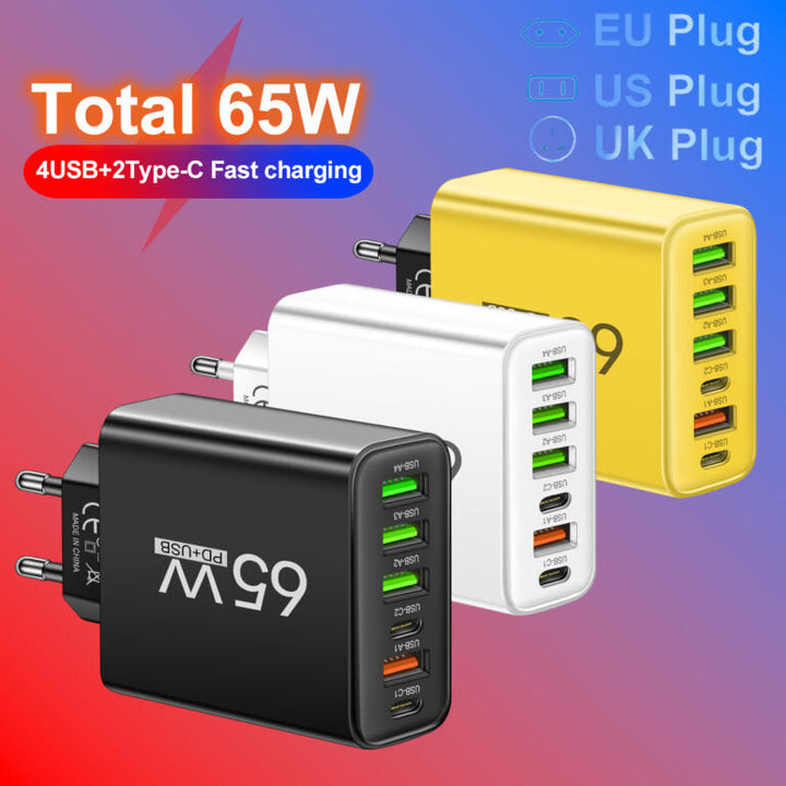 Detailansicht des 65W Universal-USB-C-Ladegeräts mit 6 Anschlüssen für gleichzeitiges Laden von Multi-Geräten.