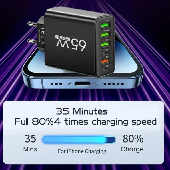 Kompaktes 6-in-1 USB-C Schnellladegerät in Aktion, lädt 6 Elektronikgeräte gleichzeitig; 65W Ladestation.