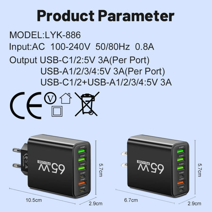 Ideales 65W USB-C Reiseadapter und Multi-Ladegerät für 6 Geräte; universelle Ladestation für unterwegs.