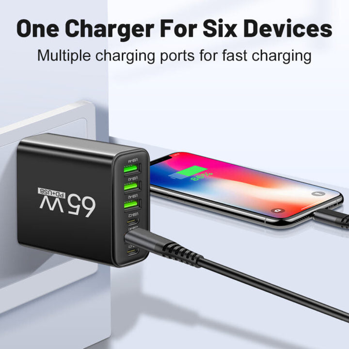 Leistungsstarkes 65W USB-C Multi-Ladegerät; 6-in-1 Schnellladegerät für schnelle Aufladung von 6 Geräten.