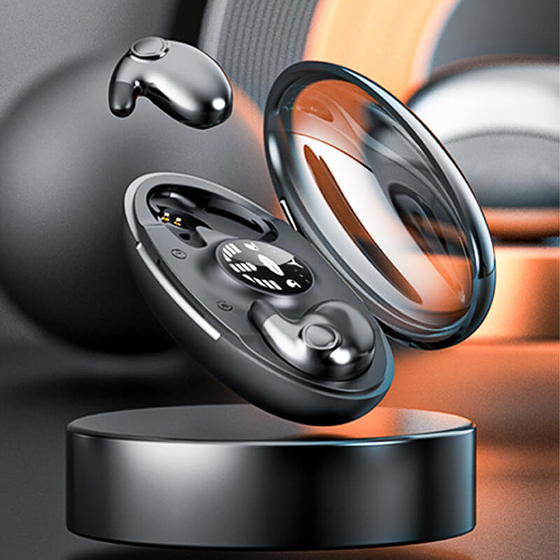 Unsichtbare IPX5 Bluetooth-Kopfhörer, ergonomisch und leicht, ideal für Sport und Alltag, in elegantem Design abgebildet.