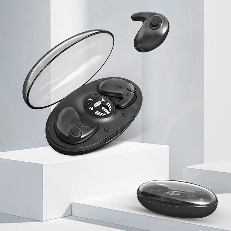 Unsichtbare IPX5 Bluetooth-Kopfhörer, ergonomisch und leicht, ideal für Sport und Alltag, in elegantem Design abgebildet.