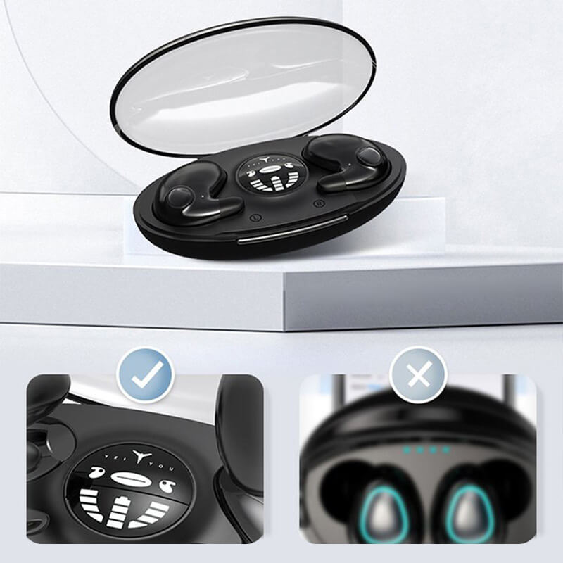 Unsichtbare IPX5 Bluetooth-Kopfhörer, ergonomisch und leicht, ideal für Sport und Alltag, in elegantem Design abgebildet.
