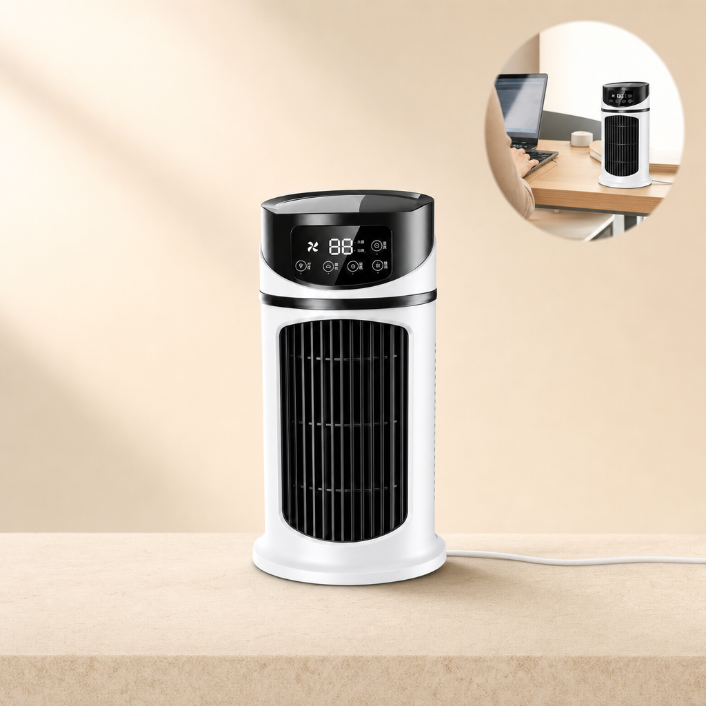 Tragbarer USB Mini-Luftkühler für den Schreibtisch. Sorgt für angenehme Kühlung und frische Luft, einfach via USB.