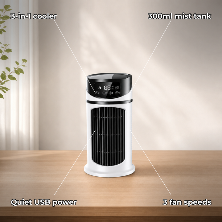 Eleganter Mini-Luftkühler & Luftbefeuchter für den Schreibtisch. Bietet tragbare Kühlung und angenehme Raumluft.