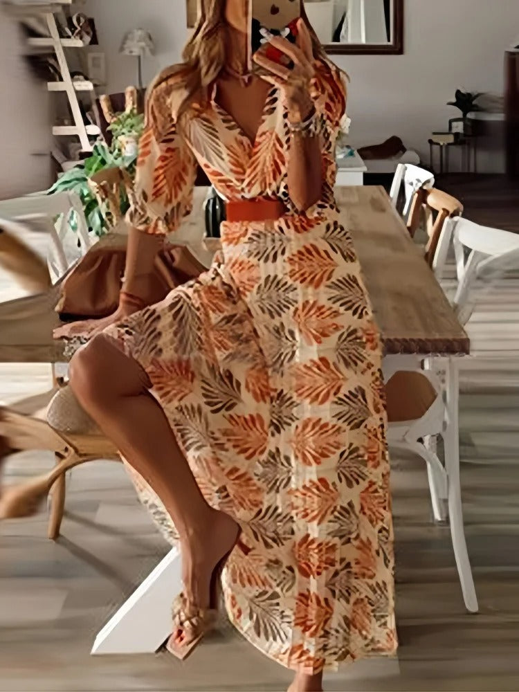 Damen Maxikleid mit elegantem Blattmuster – Dein Sommer-Highlight