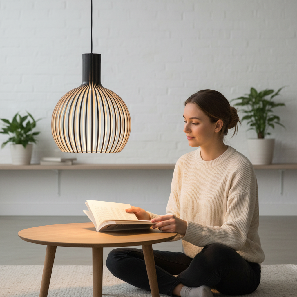 Holz Pendelleuchte mit verstellbaren Armen, LED, Vintage-Look, energieeffiziente Deckenleuchte.