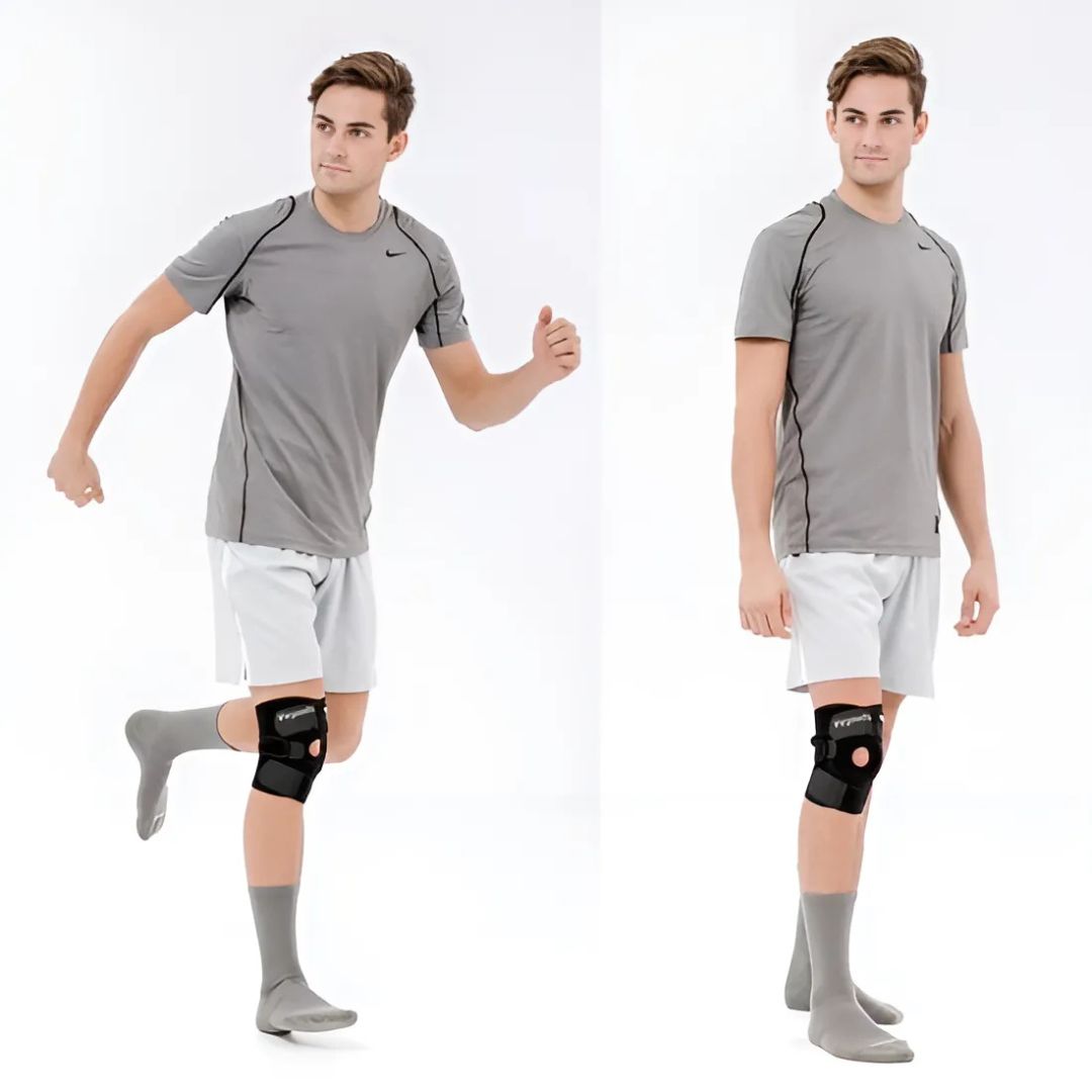 Verstellbare ProFlex Kniebandage mit seitlichen Stabilisatoren, bietet Kompression und Schmerzlinderung durch atmungsaktives 
