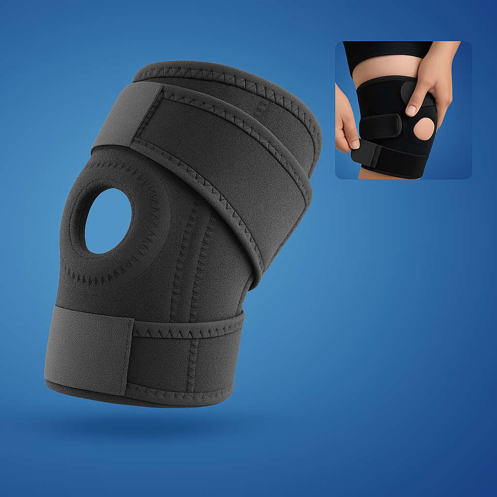 Verstellbare ProFlex Kniebandage mit seitlichen Stabilisatoren, bietet Kompression und Schmerzlinderung durch atmungsaktives 