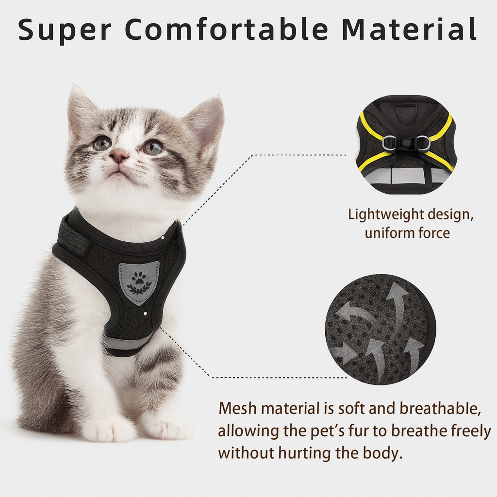 Reflektierendes Katzengeschirr, leuchtend für maximale Sichtbarkeit und Sicherheit Ihrer Katze im Freien.