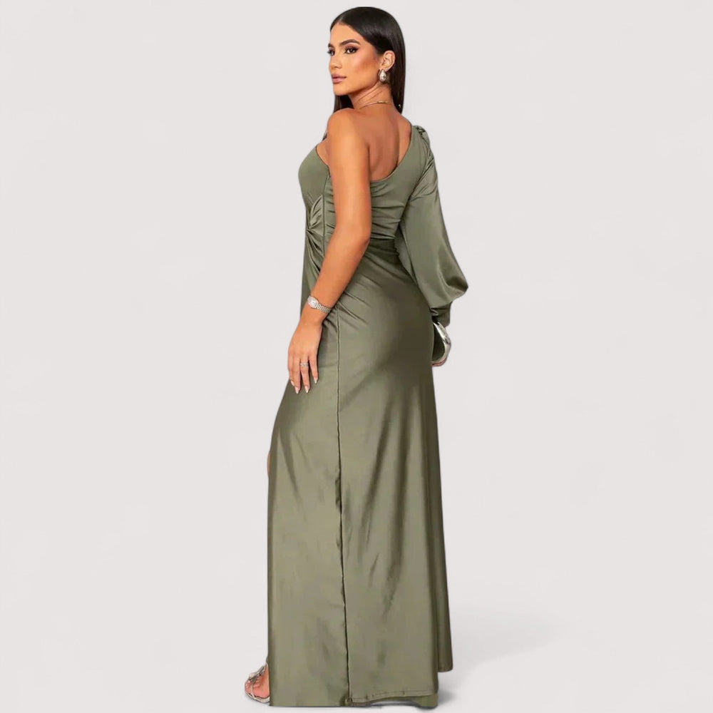 Rückansicht des eleganten olivgrünen Damen Abendkleids