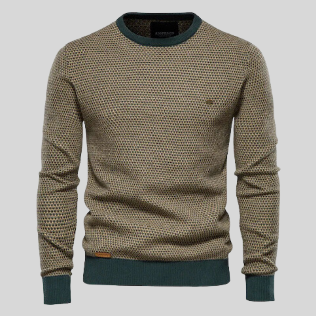 Eleganter Herren Langarm Rundhals Strickpullover in Grün, lässig getragen, ideal für einen komfortablen Casual-Look.