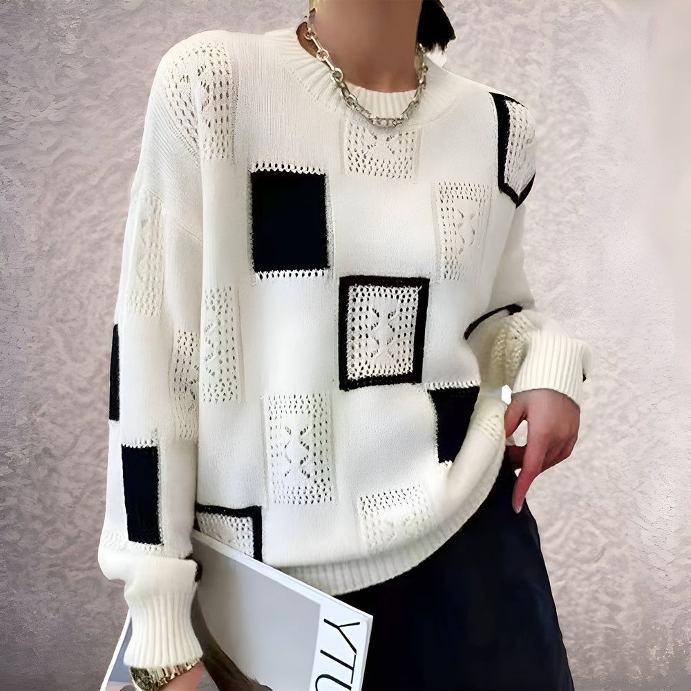 Stilvoller Damen Strickpullover mit trendigen Blockmustern für den Winter, komfortabel und warm.