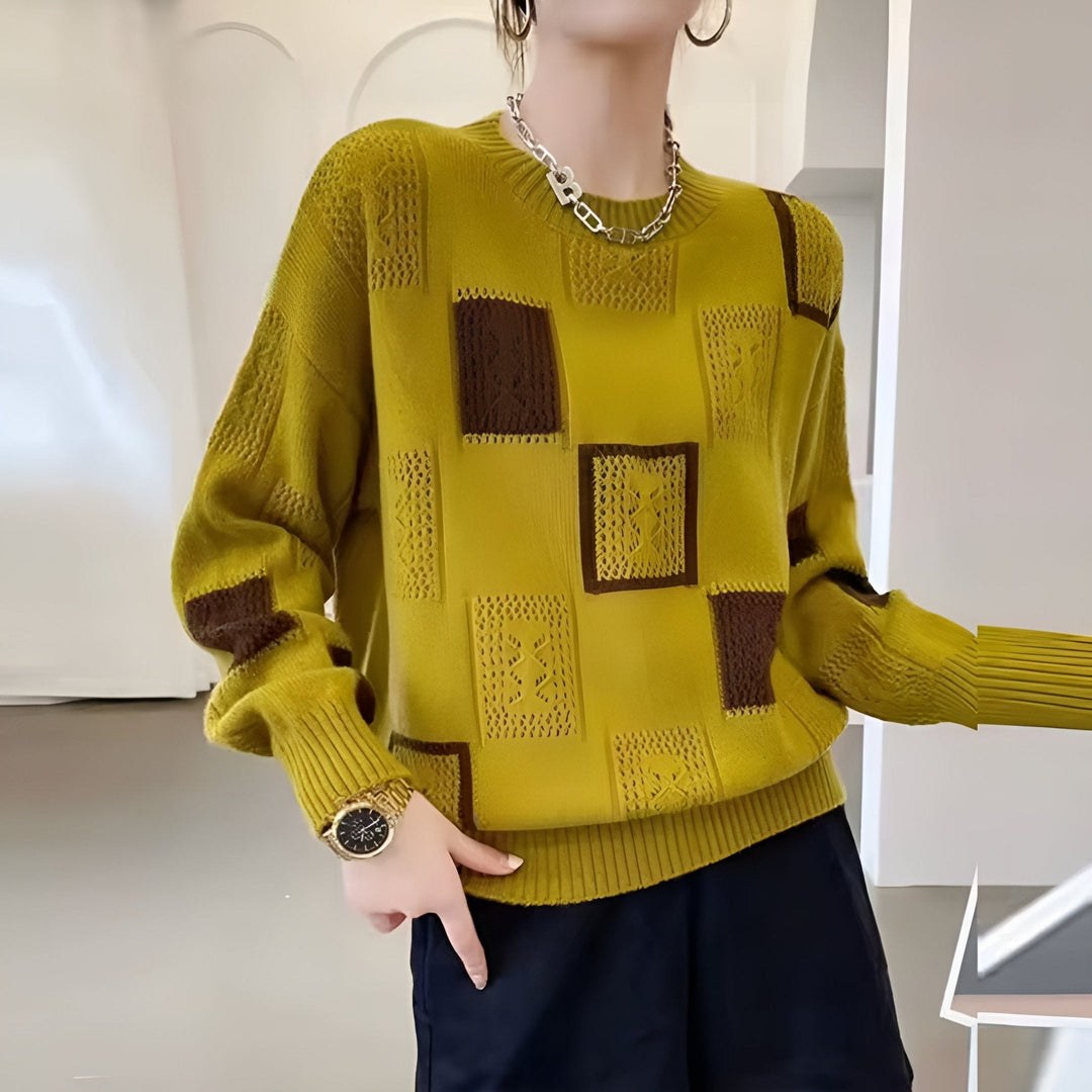 Eleganter Damen Winter Strickpullover mit Blockmustern, perfekt für kalte Tage, komfortabel und warm.