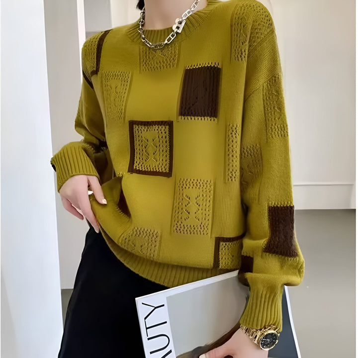 Casual Viola Damen Pullover mit Blockmustern, langarm, warm und stilvoll, ideal für den Winter.