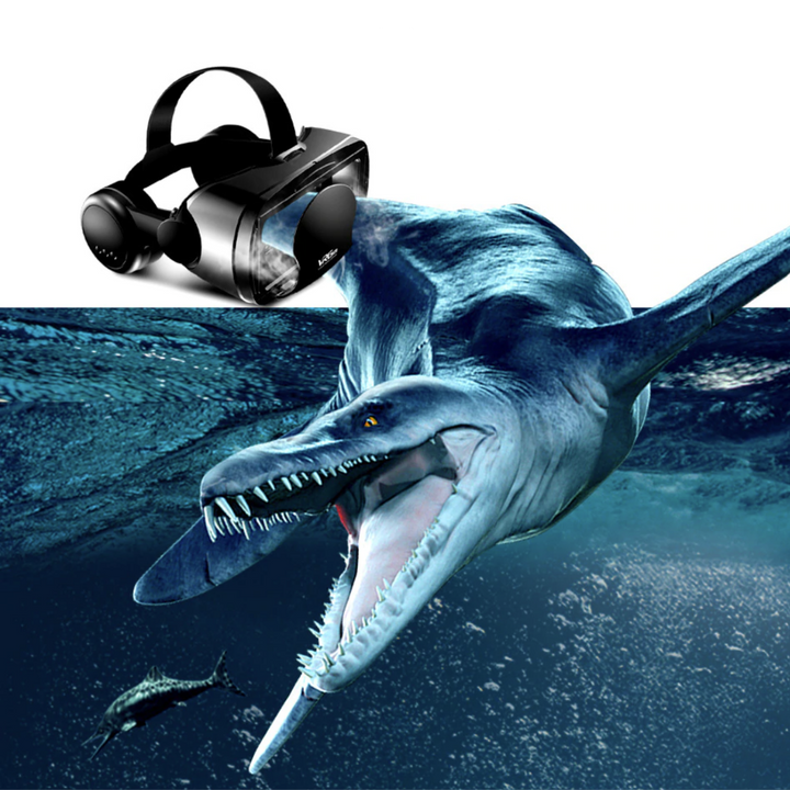 "VR Brille mit 3D-Audio, verstellbaren Gläsern und HD-Display auf weißem Hintergrund."