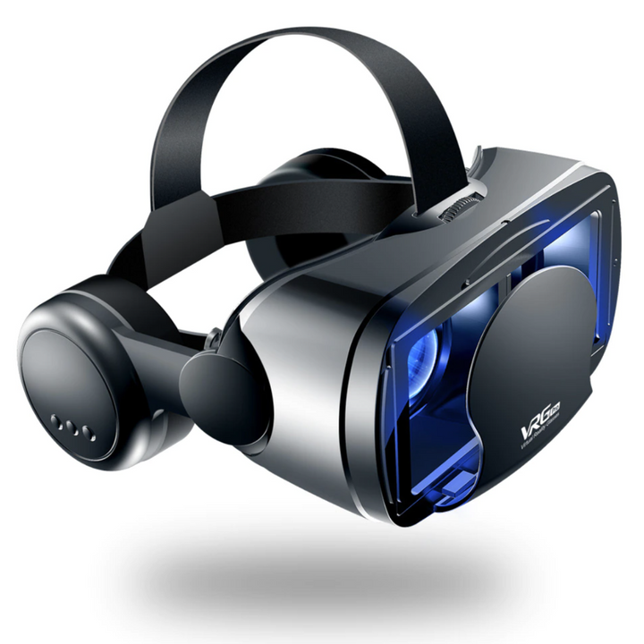 "VR Brille mit 3D-Audio, verstellbaren Gläsern und HD-Display auf weißem Hintergrund."