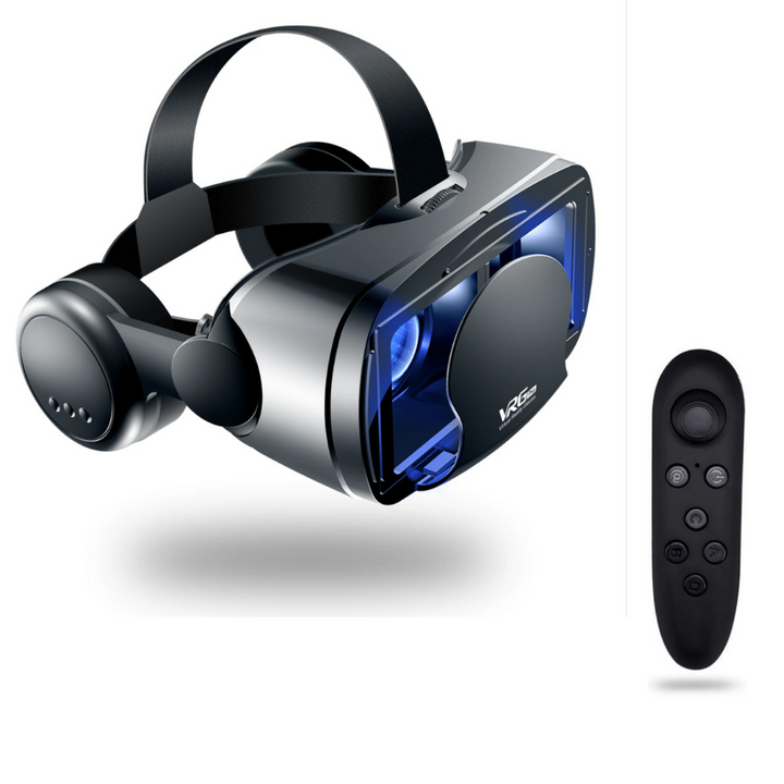 "VR Brille mit 3D-Audio, verstellbaren Gläsern und HD-Display auf weißem Hintergrund."
