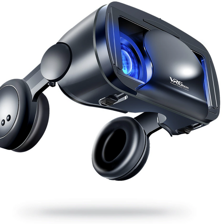 "VR Brille mit 3D-Audio, verstellbaren Gläsern und HD-Display auf weißem Hintergrund."