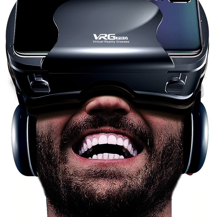 "VR Brille mit 3D-Audio, verstellbaren Gläsern und HD-Display auf weißem Hintergrund."