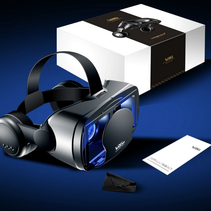 "VR Brille mit 3D-Audio, verstellbaren Gläsern und HD-Display auf weißem Hintergrund."
