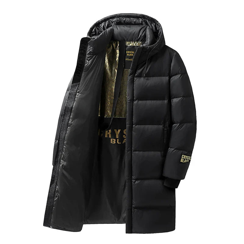 Warm, lässige schwarze Herren-Winterdaunenjacke aus Nylon, lang und goldfarben gefüttert für Outdoor-Wintermode