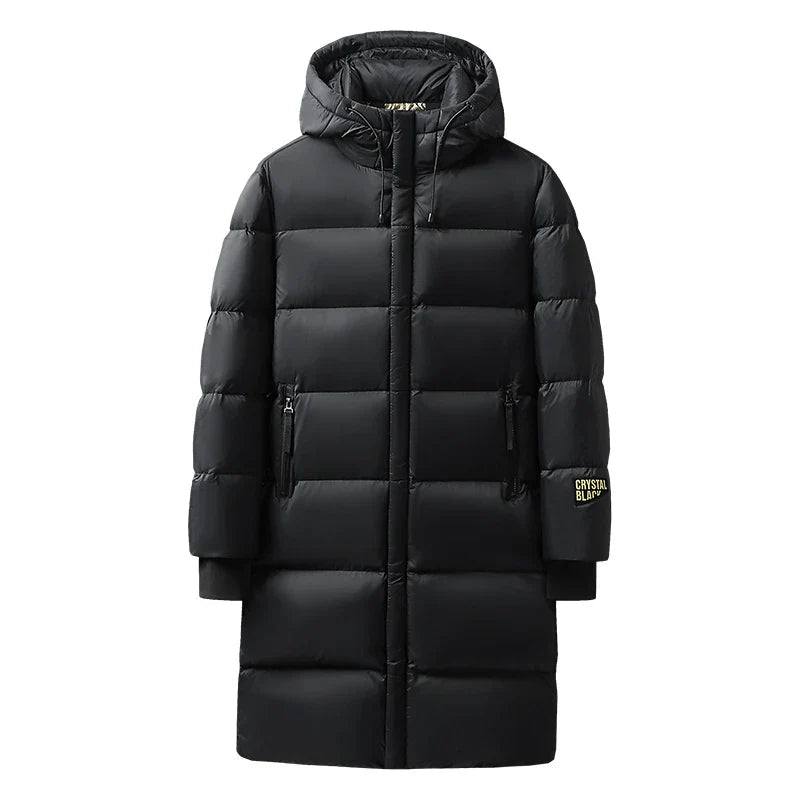 Lässige, lange Herren-Daunenjacke in Schwarzgold, ideal für winterliche Outdoor-Aktivitäten