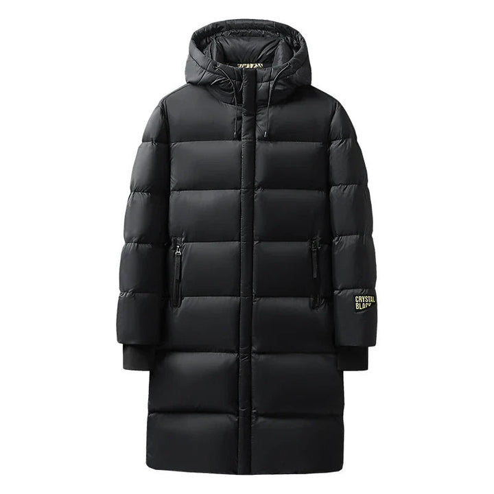 Lässige, lange Herren-Daunenjacke in Schwarzgold, ideal für winterliche Outdoor-Aktivitäten