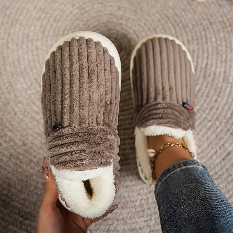 Graue Damenhausschuhe mit dicker Sohle, rutschfest, warme vegane Winter Schuhe