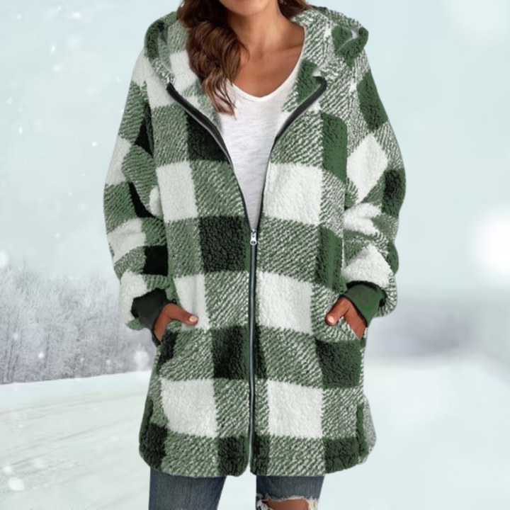 Warme Damen Winterjacke, kariert, mit Kapuze. Stylischer Parka für Outdoor & Freizeit.