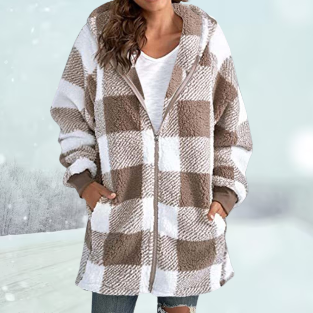 Modischer Damen Parka: karierte Winterjacke mit Kapuze, ideal für kalte Tage & Herbst-Looks.