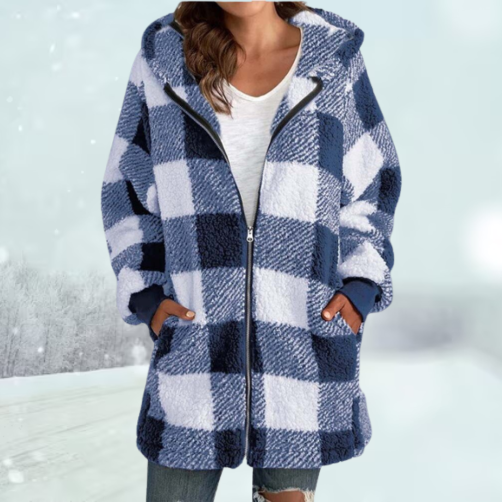 Stylische Damen Winterjacke im Karomuster mit Kapuze. Warmer Parka für Freizeit und Wintermode.