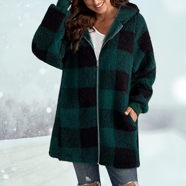 Lässige Damen Winterjacke kariert mit Kapuze, ideal für den Herbst und gemütliche Stunden outdoor.