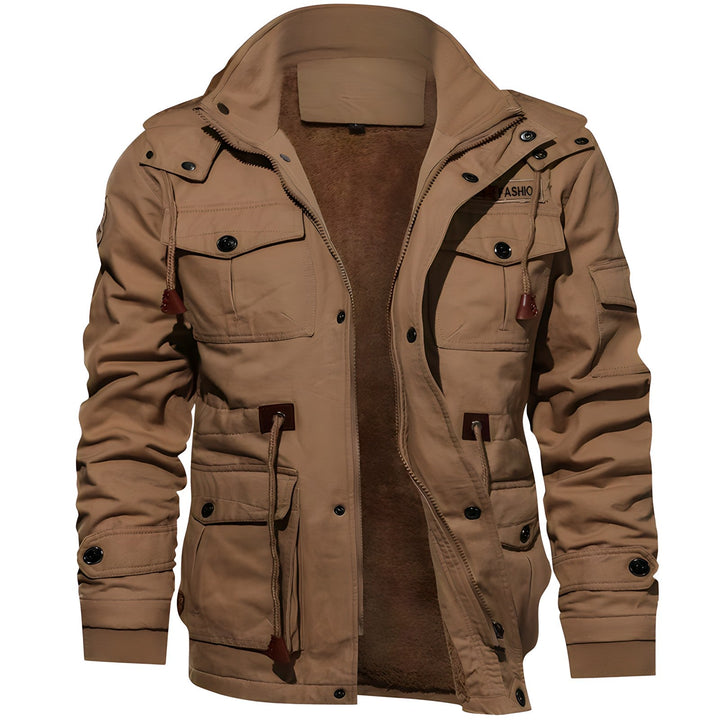 Robuste Herrenjacke mit Kapuze, warm und im Militärstil, ideal für Freizeit und Outdoor.