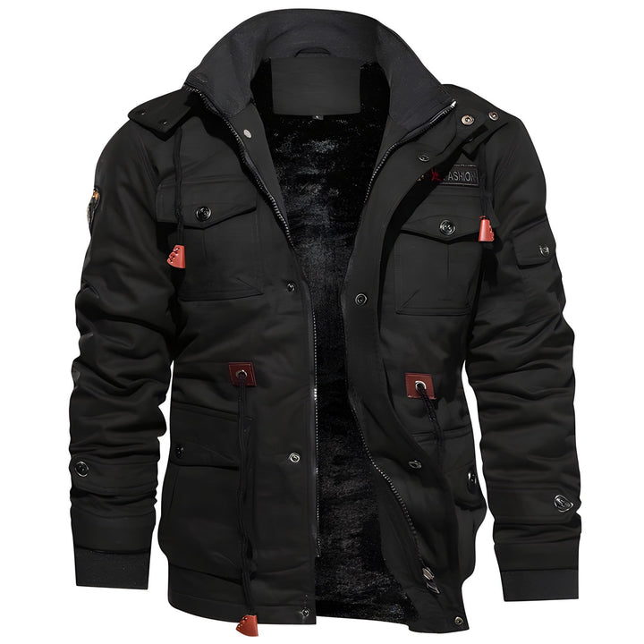 Herren Winterjacke, Militärstil, mit warmer Kapuze und praktischen Taschen in Khaki.