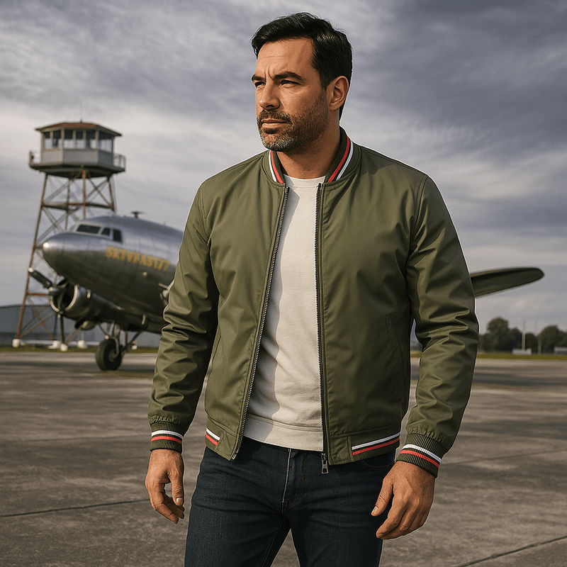 Robuste Khaki Herren Bomberjacke Tim, ideal als warme Casual- oder Outdoor-Winterjacke.