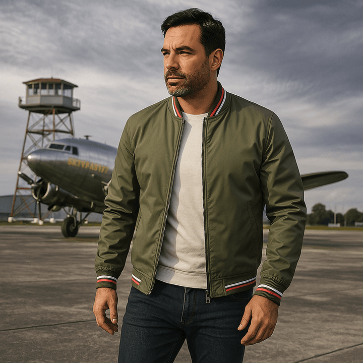 Robuste Khaki Herren Bomberjacke Tim, ideal als warme Casual- oder Outdoor-Winterjacke.