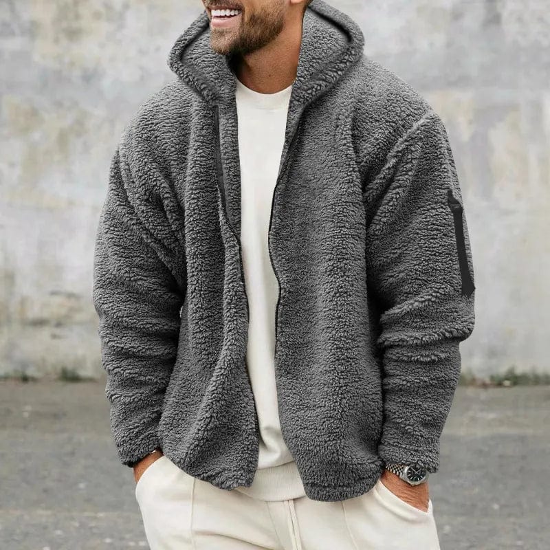 Warme Herren Kapuzen-Fleecejacke für kalte Wintertage. Moderne Herrenmode, bequem und funktionell.