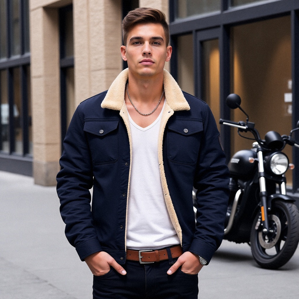 Warme Herren Jacke für kalte Tage, mit hohem Kragen & Reißverschluss, für Outdoor-Aktivitäten.