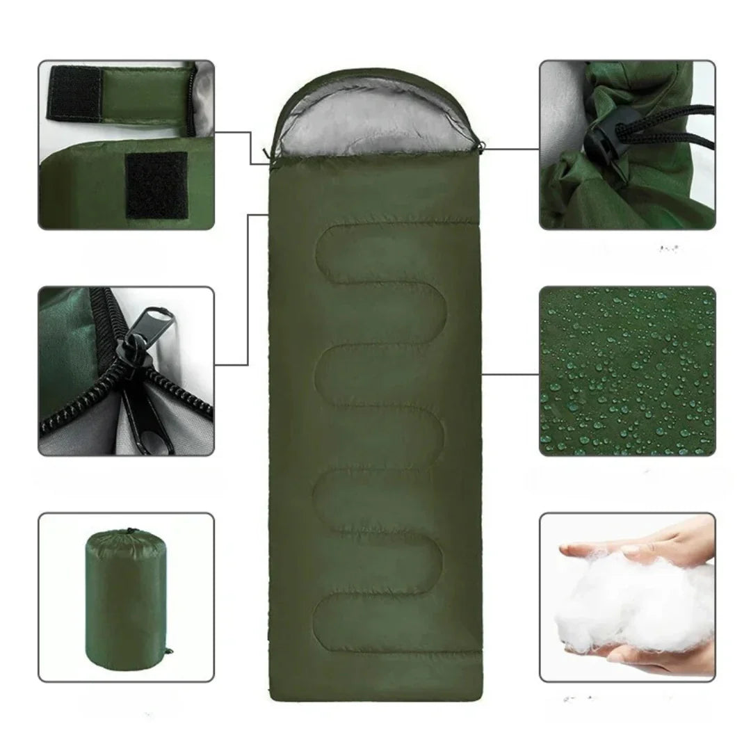 "Wärmeisolierter, wasserdichter Camping-Schlafsack für Outdoor-Abenteuer, geräumig und exzellente Wärmeisolierung."