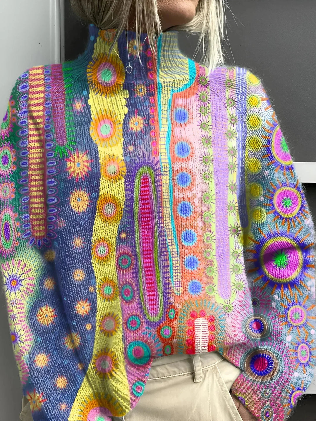 Warmer Damen Winterpullover mit buntem, künstlerischem Strickmuster; gemütlich & stilvoll