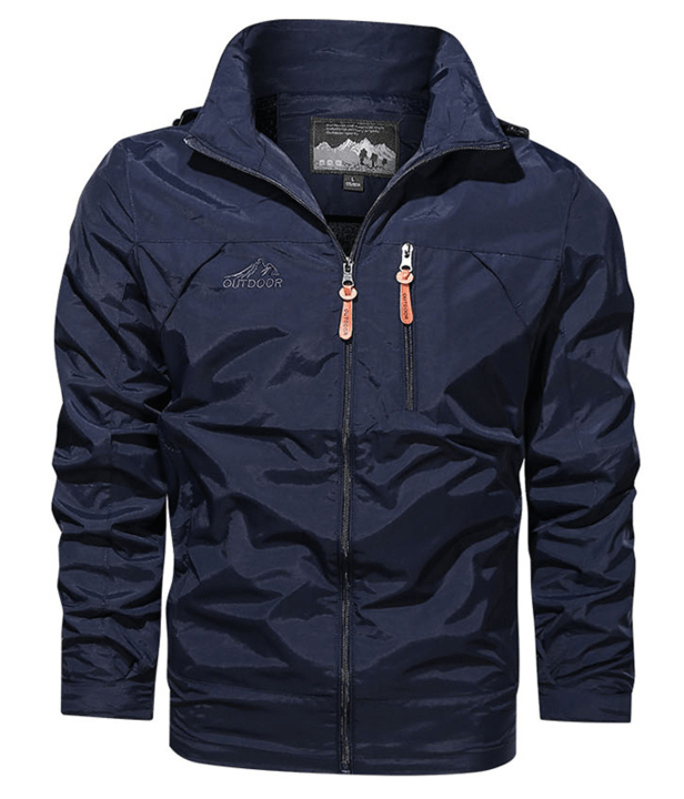 "Wasserdichte, atmungsaktive Herrenjacke in Blau, ideal für Outdoor-Abenteuer bei jedem Wetter, mit modernem Design."
