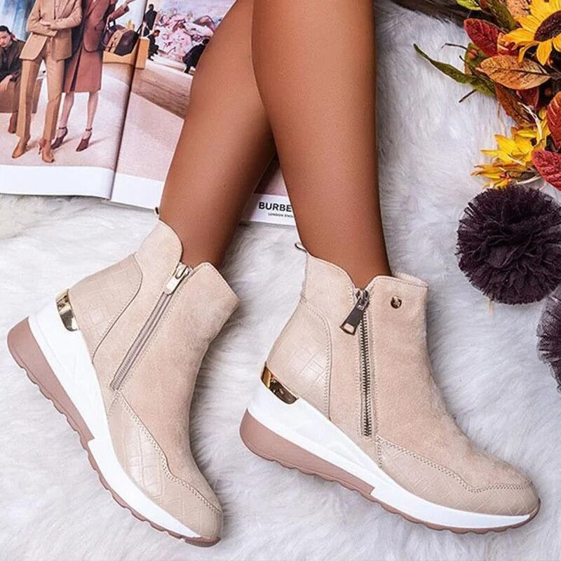 "Wasserdichte Damen Stiefeletten, elegant, mit rutschfester Sohle und Doppelreißverschluss, in Beige, Braun, Dunkelblau, Schw