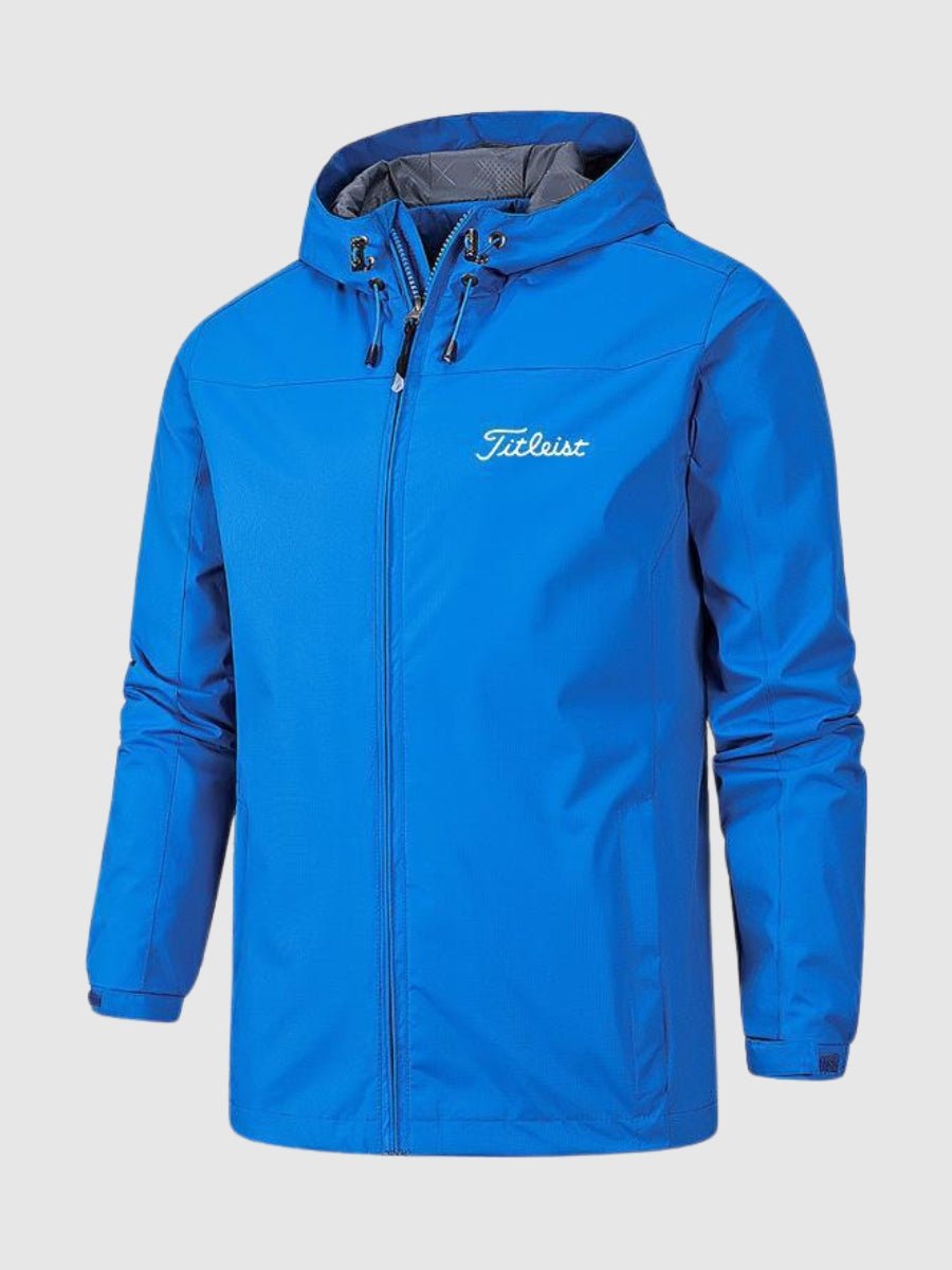"Wasserdichte Damenjacke in Blau mit Kapuze, modernes Design, ideal für Regen und Wind, hoher Tragekomfort."